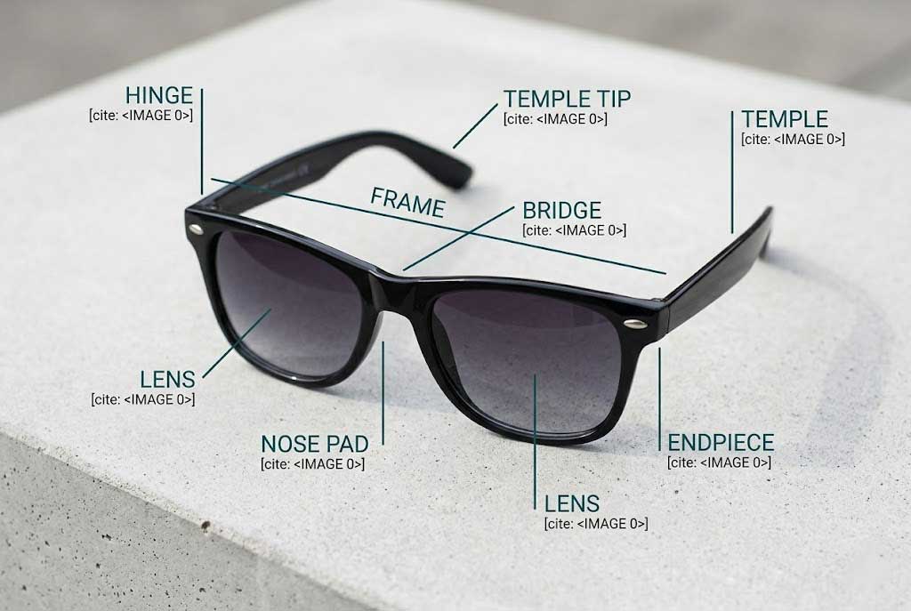 the image shows the parts of sunglasses. Frames, temples, hinges